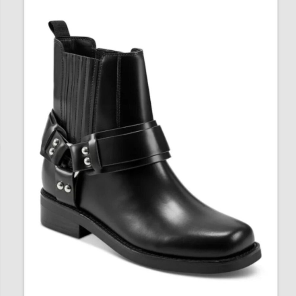 New Marc Fisher LTD Mizzie Moto Harness Boots in Black Leather Size 8.5